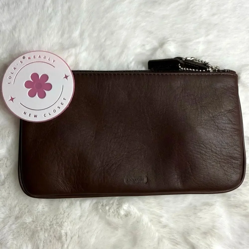 VINTAGE COACH MAHOGANY BROWN LEATHER FLAT SMALL COSMETIC BAG CASE POUCH 6990 - Picture 2 of 6